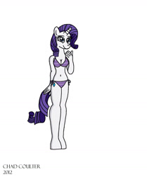 Size: 1508x1806 | Tagged: safe, artist:baroquewolfe, rarity, unicorn, anthro, unguligrade anthro, g4, belly button, bikini, breasts, cleavage, clothes, cutie mark, horn, horned anthro, looking at you, purple swimsuit, smiling at you, solo, string bikini, swimsuit, tail