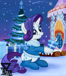 Size: 2400x2784 | Tagged: safe, artist:theretroart88, rarity, pony, unicorn, g4, carousel boutique, christmas, christmas tree, clothes, coat, cute, gift wrapped, high res, holding a present, holiday, log, looking at you, present, raribetes, snow, snowfall, snowflake, socks, solo, stockings, thigh highs, tree, winter, winter outfit