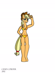 Size: 1451x1934 | Tagged: safe, artist:baroquewolfe, applejack, earth pony, anthro, unguligrade anthro, g4, belly button, bikini, breasts, cleavage, clothes, hand on hip, looking at you, orange swimsuit, simple background, smiling at you, solo, swimsuit, tail, white background
