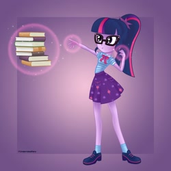Size: 2000x2000 | Tagged: safe, artist:underratedhero, sci-twi, twilight sparkle, equestria girls, g4, book, clothes, commission, female, geode of telekinesis, glasses, high res, magic, magical geodes, simple background, skirt, solo, telekinesis, that human sure does love books