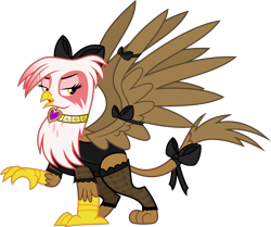 Size: 6000x5024 | Tagged: safe, artist:magister39, oc, oc only, oc:regina grimfeathers, griffon, fallout equestria, bow, clothes, collar, concubine, female, lidded eyes, lingerie, quadrupedal, simple background, solo, stockings, thigh highs, transparent background