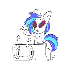 Size: 1200x1300 | Tagged: safe, artist:sugarelement, dj pon-3, vinyl scratch, pony, unicorn, trotcon, trotcon online, g4, 30 minute art challenge, :3, bipedal, female, mare, music notes, owo, simple background, solo, speaker, sunglasses, turntable, white background