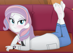Size: 1437x1046 | Tagged: safe, artist:grapefruitface1, potion nova, equestria girls, g4, g4.5, my little pony: pony life, barefoot, blushing, clothes, couch, equestria girls-ified, feet, feet in the air, g4.5 to equestria girls, jeans, lab coat, looking at you, pants, sexy, show accurate, soles, solo, stupid sexy potion nova, the pose, watch