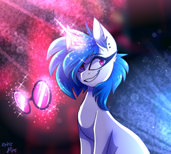 Size: 3000x2700 | Tagged: safe, artist:celes-969, dj pon-3, vinyl scratch, pony, unicorn, g4, abstract background, ear piercing, earring, female, glasses off, glowing horn, high res, horn, jewelry, long horn, looking at you, magic, mare, piercing, sitting, smiling, solo, telekinesis