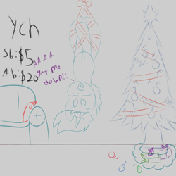 Size: 2500x2500 | Tagged: safe, artist:inky scroll, oc, oc:inky scroll, pony, unicorn, bondage, christmas, christmas tree, commission, high res, holiday, simple background, sketch, suspended, tied up, tree, upside down, your character here