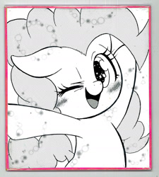 Size: 1542x1716 | Tagged: safe, artist:phoenixperegrine, pinkie pie, earth pony, pony, g4, black and white, blushing, bust, cute, diapinkes, female, grayscale, manga style, mare, monochrome, one ear down, one eye closed, open mouth, panel, smiling, solo, starry eyes, wingding eyes, wink