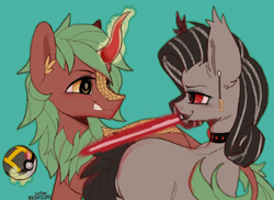 Size: 2000x1458 | Tagged: safe, artist:cherry_kotya, oc, oc:selketo, oc:valentora, bat pony, kirin, pony, wingless bat pony, bat pony oc, butt, chest fluff, clothes, collar, couple, curly mane, ear piercing, earring, eye contact, fangs, female, jewelry, kirin oc, lightsaber, looking at each other, male, married couple, piercing, poké ball, pokémon, scales, simple background, smiling, star wars, striped mane, tail fluff, ultra ball, weapon, wingless