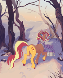 Size: 2906x3584 | Tagged: safe, artist:slowpoke, sunset shimmer, pony, unicorn, g4, butt, clothes, dawn, dock, female, fetlock tuft, forest, high res, looking at you, looking back, looking back at you, mare, plot, raised hoof, raised leg, scarf, snow, solo, unshorn fetlocks, walking, winter