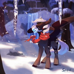 Size: 2000x2000 | Tagged: safe, artist:silentwulv, oc, oc only, oc:cloudy night, pegasus, pony, clothes, female, high res, mare, open mouth, scarf, snow, solo, spread wings, wings