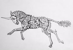 Size: 2873x1975 | Tagged: safe, artist:lady-limule, oc, oc only, pony, unicorn, armor, horn, inktober, inktober 2019, running, solo, traditional art, unicorn oc