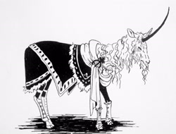 Size: 2582x1967 | Tagged: safe, artist:lady-limule, oc, oc only, pony, unicorn, clothes, curved horn, horn, inktober, inktober 2019, monochrome, solo, traditional art, unicorn oc