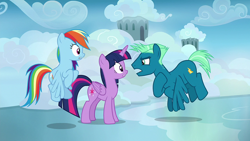 Size: 1920x1080 | Tagged: safe, screencap, rainbow dash, sky stinger, twilight sparkle, alicorn, pegasus, pony, g4, top bolt, female, male, mare, stallion, twilight sparkle (alicorn)