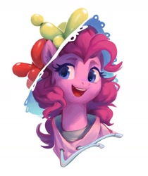 Size: 1518x1811 | Tagged: safe, artist:luciferamon, pinkie pie, earth pony, pony, balloon, balloon hat, bust, clothes, cute, diapinkes, female, hat, hoodie, mare, open mouth, portrait, simple background, solo, white background