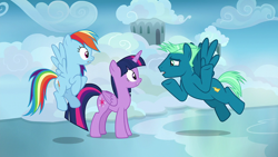 Size: 1920x1080 | Tagged: safe, screencap, rainbow dash, sky stinger, twilight sparkle, alicorn, pegasus, pony, g4, top bolt, female, flying, male, mare, stallion, trio, twilight sparkle (alicorn)