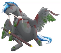 Size: 1280x1096 | Tagged: safe, artist:imreer, oc, oc only, pegasus, pony, bandage, blood, injured, male, mouth hold, pegasus oc, simple background, sitting, solo, stallion, sword, weapon, white background, wings