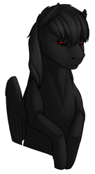 Size: 670x1220 | Tagged: safe, artist:imreer, oc, oc only, oc:ebony, pegasus, pony, black sclera, bust, female, mare, pegasus oc, red pupils, simple background, smiling, solo, white background, wings