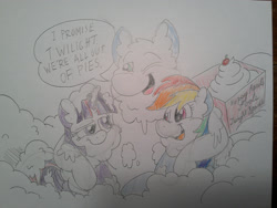 Size: 2560x1920 | Tagged: safe, artist:princebluemoon3, rainbow dash, twilight sparkle, oc, oc:scribble kibble, alicorn, pegasus, pony, g4, crowneprince, female, food, food on face, gift art, messy, one eye closed, pie, pie in the face, pied, prank, scribbles, traditional art, trio, twilight sparkle (alicorn), whipped cream, wink