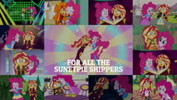 Size: 1984x1117 | Tagged: safe, edit, edited screencap, editor:quoterific, screencap, pinkie pie, sci-twi, sunset shimmer, twilight sparkle, a fine line, eqg summertime shorts, equestria girls, equestria girls series, equestria girls specials, friendship through the ages, g4, mirror magic, my little pony equestria girls: legend of everfree, sunset's backstage pass!, the art of friendship, unsolved selfie mysteries, spoiler:eqg series (season 2), book, burger, clothes, collage, cupcake, female, food, lesbian, ship:sunsetpie, shipping, swimsuit