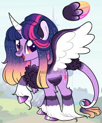 Size: 893x1075 | Tagged: safe, artist:malinraf1615, twilight sparkle, alicorn, pony, g4, alternate hairstyle, chest fluff, curved horn, ethereal mane, female, horn, leg fluff, leonine tail, mare, open mouth, raised hoof, redesign, solo, starry mane, twilight sparkle (alicorn), unshorn fetlocks