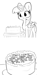 Size: 3000x6000 | Tagged: safe, artist:tjpones, twilight sparkle, alicorn, pony, g4, 2 panel comic, absurd resolution, black and white, cake, comic, female, food, grayscale, mare, message, misspelling, monochrome, simple background, solo, twilight sparkle (alicorn), white background