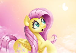 Size: 1732x1225 | Tagged: safe, artist:pyropk, fluttershy, butterfly, pegasus, pony, g4, amazed, cloud, cute, female, folded wings, looking at something, looking up, mare, open mouth, raised hoof, shyabetes, sky background, solo, wings
