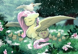 Size: 1600x1118 | Tagged: safe, artist:tillie-tmb, fluttershy, bird, chicken, pegasus, pony, g4, chest fluff, chick, cute, eyes closed, female, floppy ears, flower, flutterhen, grass, hen, kindness, lying down, mare, nature, outdoors, ponyloaf, prone, shyabetes, sitting on head, snow, snowfall, solo, spread wings, wing umbrella, wings