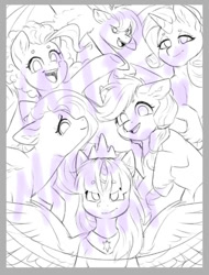 Size: 437x576 | Tagged: safe, artist:silentwolf-oficial, applejack, fluttershy, pinkie pie, rainbow dash, rarity, twilight sparkle, alicorn, earth pony, pegasus, pony, unicorn, g4, bust, female, lineart, mane six, mare, monochrome, open mouth, peytral, smiling, spread wings, twilight sparkle (alicorn), wings