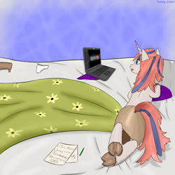 Size: 3000x3000 | Tagged: safe, alternate version, artist:pontiy, oc, oc only, oc:lulu launay, pony, unicorn, bed, clothes, cloven hooves, computer, female, high res, mare, solo, underhoof