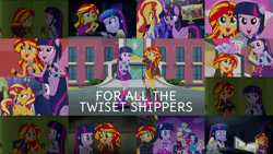 Size: 1968x1107 | Tagged: safe, edit, edited screencap, editor:quoterific, screencap, applejack, fluttershy, pinkie pie, rainbow dash, rarity, spike, spike the regular dog, sunset shimmer, twilight sparkle, dog, equestria girls, g4, my little pony equestria girls, my little pony equestria girls: rainbow rocks, spring breakdown, collage, female, humane five, humane seven, humane six, lesbian, ponied up, ship:sunsetsparkle, shipping, welcome to the show