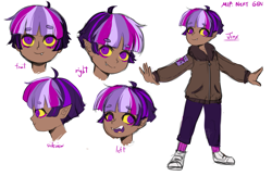 Size: 1539x996 | Tagged: safe, artist:riukime, oc, oc only, oc:jinx, human, hybrid, clothes, cute, cute little fangs, dark skin, elf ears, fangs, female, humanized, humanized oc, interspecies offspring, jacket, moderate dark skin, offspring, parent:discord, parent:twilight sparkle, parents:discolight, reference sheet, shoes, simple background, solo, white background, yellow sclera