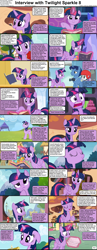 Size: 1282x3304 | Tagged: safe, carrot top, golden harvest, lyra heartstrings, night light, twilight sparkle, twilight velvet, alicorn, pony, unicorn, comic:celestia's servant interview, g4, adorkable, book, camera, caption, cs captions, cute, determined, dork, female, frazzled hair, golden oaks library, grin, helmet, interview, looking at you, looking up, magic, male, mare, ponyville, smiling, stallion, twiabetes, twilight sparkle (alicorn), twilight's castle