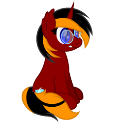 Size: 2200x2200 | Tagged: safe, artist:ponkus, oc, oc only, oc:red flame, bat pony, pony, unicorn, 2021 community collab, derpibooru community collaboration, bat pony oc, commission, fangs, glasses, high res, horn, pointed ears, simple background, sitting, smiling, solo, transparent background, wingless