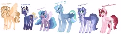 Size: 4790x1337 | Tagged: safe, artist:scarletskitty12, oc, oc only, earth pony, pegasus, pony, unicorn, chest fluff, clothes, ear fluff, eyes closed, female, flower, flower in hair, freckles, magical lesbian spawn, male, mare, neck fluff, next generation, offspring, one eye closed, parent:apple bloom, parent:big macintosh, parent:clear sky, parent:diamond tiara, parent:fluttershy, parent:pinkie pie, parent:princess luna, parent:rainbow dash, parent:soarin', parent:star tracker, parent:twilight sparkle, parents:cleardash, parents:diamondbloom, parents:fluttermac, parents:lunapie, parents:soarlight, parents:twitracker, simple background, stallion, sweater, watermark, white background, wink