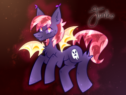 Size: 800x600 | Tagged: safe, artist:php163, oc, oc only, unnamed oc, bat pony, pony, chest fluff, digital art, ear fluff, fangs, male, red background, signature, simple background, solo, spread wings, stallion, wings