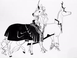 Size: 2570x1940 | Tagged: safe, artist:lady-limule, oc, oc only, kirin, pony, unicorn, cloak, clothes, duo, horn, inktober, inktober 2019, kirin oc, monochrome, traditional art, unicorn oc
