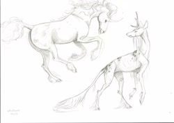 Size: 3506x2480 | Tagged: safe, artist:lady-limule, oc, oc only, kirin, pony, unicorn, duo, high res, hoof fluff, horn, kirin oc, monochrome, rearing, traditional art, unicorn oc
