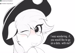 Size: 4232x3000 | Tagged: safe, artist:drawalaverr, applejack, earth pony, pony, g4, applejack's hat, black and white, blushing, bust, commission, cowboy hat, cute, eye clipping through hair, fanart, female, grayscale, hat, hooves together, jackabetes, looking at you, manga, mare, monochrome, one eye closed, portrait, quadrupedal, simple background, sketch, smiling, solo, text, white background, wink, winking at you