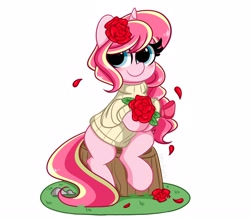 Size: 2500x2200 | Tagged: safe, artist:kittyrosie, oc, oc only, oc:rosa flame, pony, unicorn, blushing, cute, female, flower, flower in hair, high res, mare, ocbetes, simple background, solo, weapon, white background