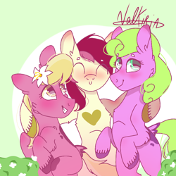 Size: 768x768 | Tagged: safe, artist:valkiria, daisy, flower wishes, lily, lily valley, roseluck, earth pony, pony, semi-anthro, bipedal, chest fluff, cute, female, floppy ears, flower, flower trio, heart, looking at you, mare, missing cutie mark, sitting, trio, trio female