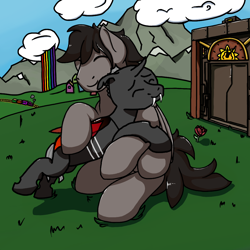Size: 1024x1024 | Tagged: safe, artist:luther, artist:shifttgc, oc, oc only, oc:luther, oc:shift changeling, changeling, pegasus, pony, aggie.io, changeling oc, cloud, collaboration, colt, fangs, flower, foal, grass, hair, horn, house, houses, hug, male, mane, mountain, pegasus oc, rainbow, red changeling, tail, time machine, train, train tracks, wings