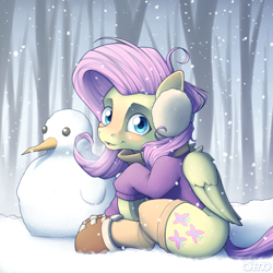 Size: 4000x4000 | Tagged: safe, artist:ohemo, fluttershy, pegasus, pony, g4, clothes, cottagecore, cute, earmuffs, female, forest, looking at you, mare, open mouth, shyabetes, sitting, smiling, snow, snowman, snowpony, socks, solo, sweater, winter