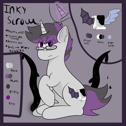 Size: 2500x2500 | Tagged: safe, artist:inky scroll, oc, oc:inky scroll, pony, unicorn, glasses, high res, ink, male, reference sheet, simple background, stallion, tendrils