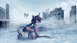 Size: 4000x2251 | Tagged: safe, artist:hagalazka, oc, oc only, oc:red flux, changeling, clothes, looking at you, male, red changeling, ruined city, ruins, solo, stallion