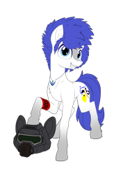 Size: 4677x6614 | Tagged: safe, artist:calena, oc, oc only, oc:blue snow, oc:isaac pony, earth pony, pony, 2021 community collab, derpibooru community collaboration, cutie mark, doom, doom equestria, helmet, jewelry, logo, looking at you, male, moon, necklace, simple background, smiling, smiling at you, solo, transparent background