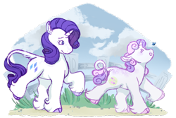 Size: 900x600 | Tagged: safe, artist:iouise, rarity, sweetie belle, butterfly, classical unicorn, pony, unicorn, g4, alternate cutie mark, cloven hooves, duo, female, filly, horn, leonine tail, mare, siblings, simple background, sisters, transparent background, unshorn fetlocks