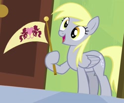 Size: 1305x1080 | Tagged: safe, screencap, derpy hooves, pegasus, pony, g4, rainbow falls, cropped, cute, female, flag, food, happy, holding a flag, mare, muffin, open mouth, solo