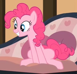 Size: 941x909 | Tagged: safe, screencap, pinkie pie, earth pony, pony, g4, pinkie apple pie, couch, cropped, excited, female, sitting, smiling, solo