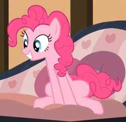 Size: 941x909 | Tagged: safe, screencap, pinkie pie, earth pony, pony, g4, my little pony: friendship is magic, pinkie apple pie, couch, cropped, excited, female, sitting, smiling, solo