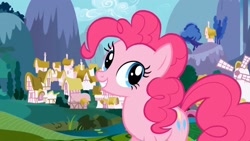 Size: 1920x1080 | Tagged: safe, screencap, pinkie pie, earth pony, pony, friendship is magic, g4, season 1, breaking the fourth wall, cute, female, happy, ponyville, smiling, smiling at you, solo