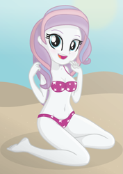 Size: 1417x2000 | Tagged: safe, artist:grapefruitface1, potion nova, equestria girls, g4, g4.5, my little pony: pony life, barefoot, base used, beach, belly button, bikini, breasts, clothes, cute, equestria girls-ified, feet, g4.5 to equestria girls, happy, kneeling, novabetes, show accurate, solo, swimsuit, trace